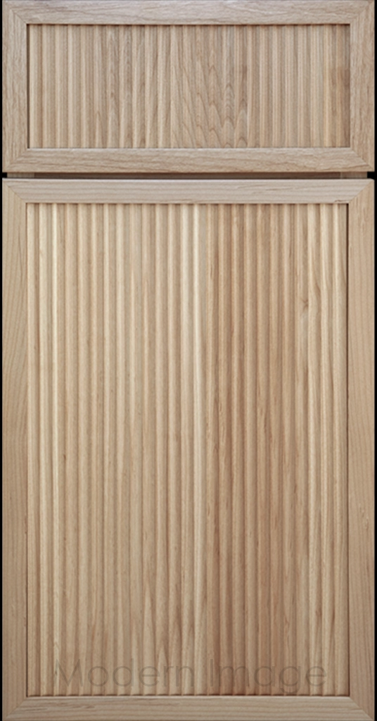 Modern kitchen featuring Arcadia Blondie stained cabinets with narrow frames and fluted center panels